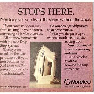 Norelco Drip Stop System Iron "Twice the stem No drips" Vintage Print Ad 1993